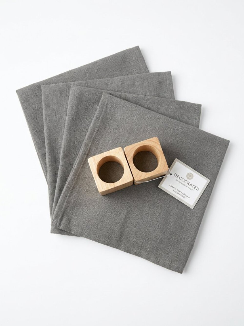 NWT Decocrated Set of 4 Grey Cloth Napkins & Wooden Block Rings Boho